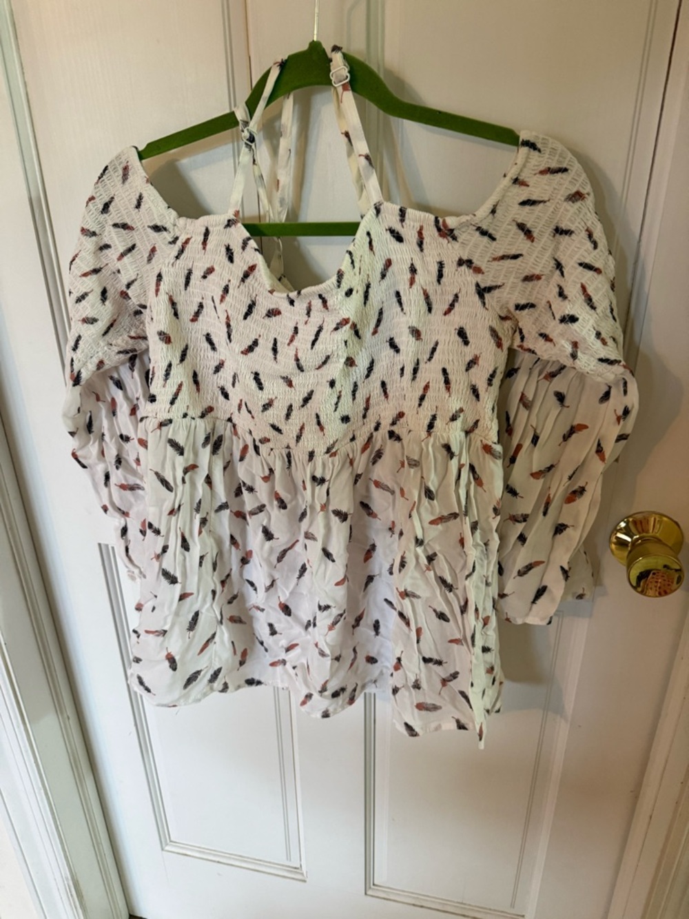 torrid White Feather-Print Peasant Top with Rust and Black Accents